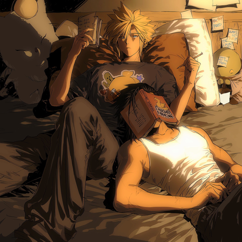 2boys aqua_eyes bare_arms bare_shoulders bed_sheet black_hair black_pants black_shirt blonde_hair book book_on_head casual chocobo cloud_strife feet_out_of_frame final_fantasy final_fantasy_vii hair_between_eyes highres holding holding_notepad holding_pencil indoors long_sleeves male_focus moogle multiple_boys notepad object_on_head on_bed pants pencil pillow print_shirt reclining sabotender scar scar_on_arm shirt short_hair sleeves_rolled_up spiky_hair stuffed_animal stuffed_toy tank_top tonberry toned toned_male white_shirt xevir3399 zack_fair