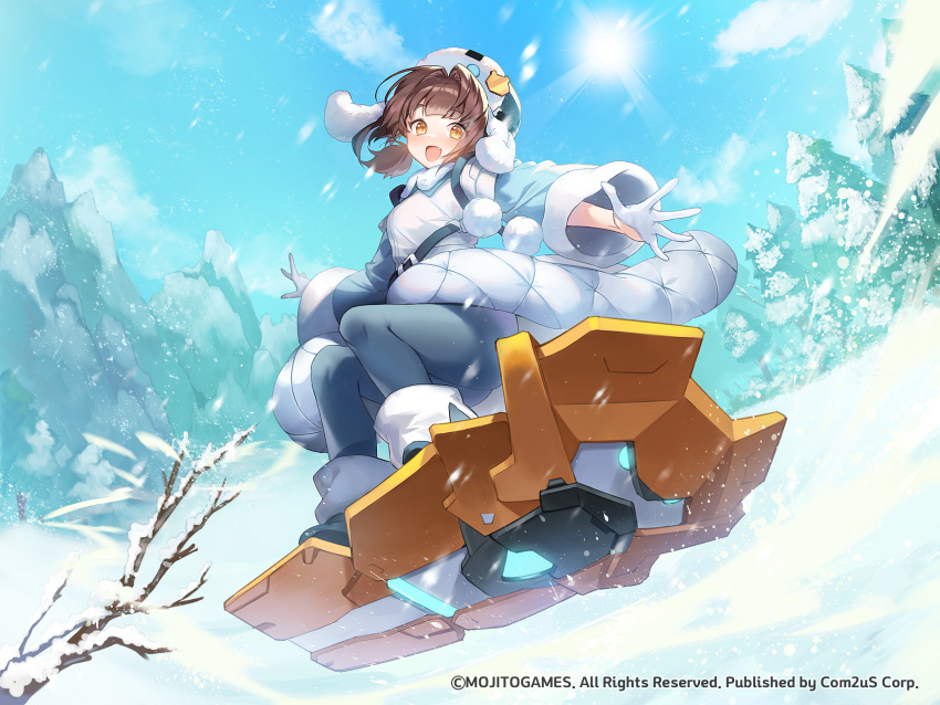 1girl :d apple_caramel black_footwear blue_sky boots branch breasts brown_eyes brown_hair character_request clouds collared_shirt commentary_request day dress_shirt fang fur_hat gloves grey_hat grey_pantyhose half_gloves hat highres long_hair long_sleeves medium_breasts official_art outdoors pantyhose shirt sky smile snow snowboard snowboarding solo starseed:_asnia_trigger sun tree white_gloves white_shirt wide_sleeves