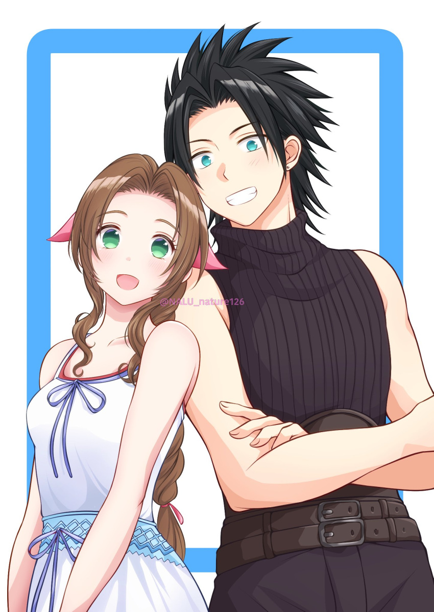1boy 1girl aerith_gainsborough bare_arms bare_shoulders belt belt_buckle black_hair blue_eyes blush braid braided_ponytail brown_hair buckle collarbone commentary_request couple crisis_core_final_fantasy_vii crossed_arms dress earrings final_fantasy final_fantasy_vii green_eyes grin hair_ribbon head_on_another's_shoulder height_difference highres jewelry long_hair looking_at_viewer multiple_belts nalu open_mouth parted_bangs pink_ribbon ribbed_sweater ribbon short_hair sidelocks sleeveless sleeveless_turtleneck smile spaghetti_strap spiky_hair stud_earrings sweater turtleneck turtleneck_sweater twitter_username upper_body white_dress zack_fair