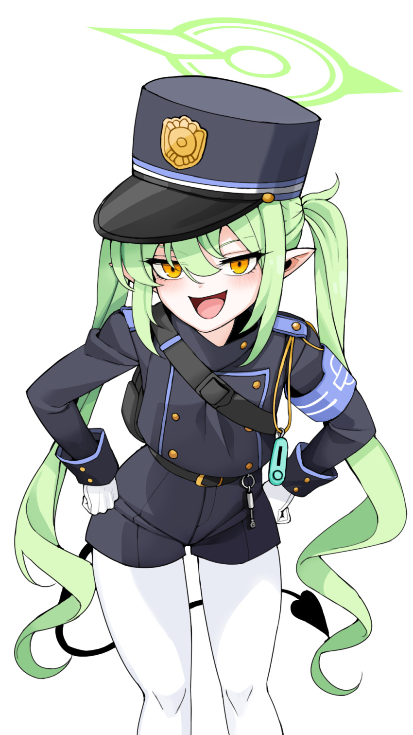 1girl belt black_belt black_hat black_jacket black_shorts black_tail blue_archive blush buttons demon_tail double-breasted feet_out_of_frame freedom_(aass5404) gloves green_hair green_halo hair_between_eyes halo hat highlander_twintails_conductor_(blue_archive) highres jacket long_hair long_sleeves open_mouth pantyhose peaked_cap pointy_ears shorts simple_background smile solo tail twintails white_background white_gloves white_pantyhose yellow_eyes