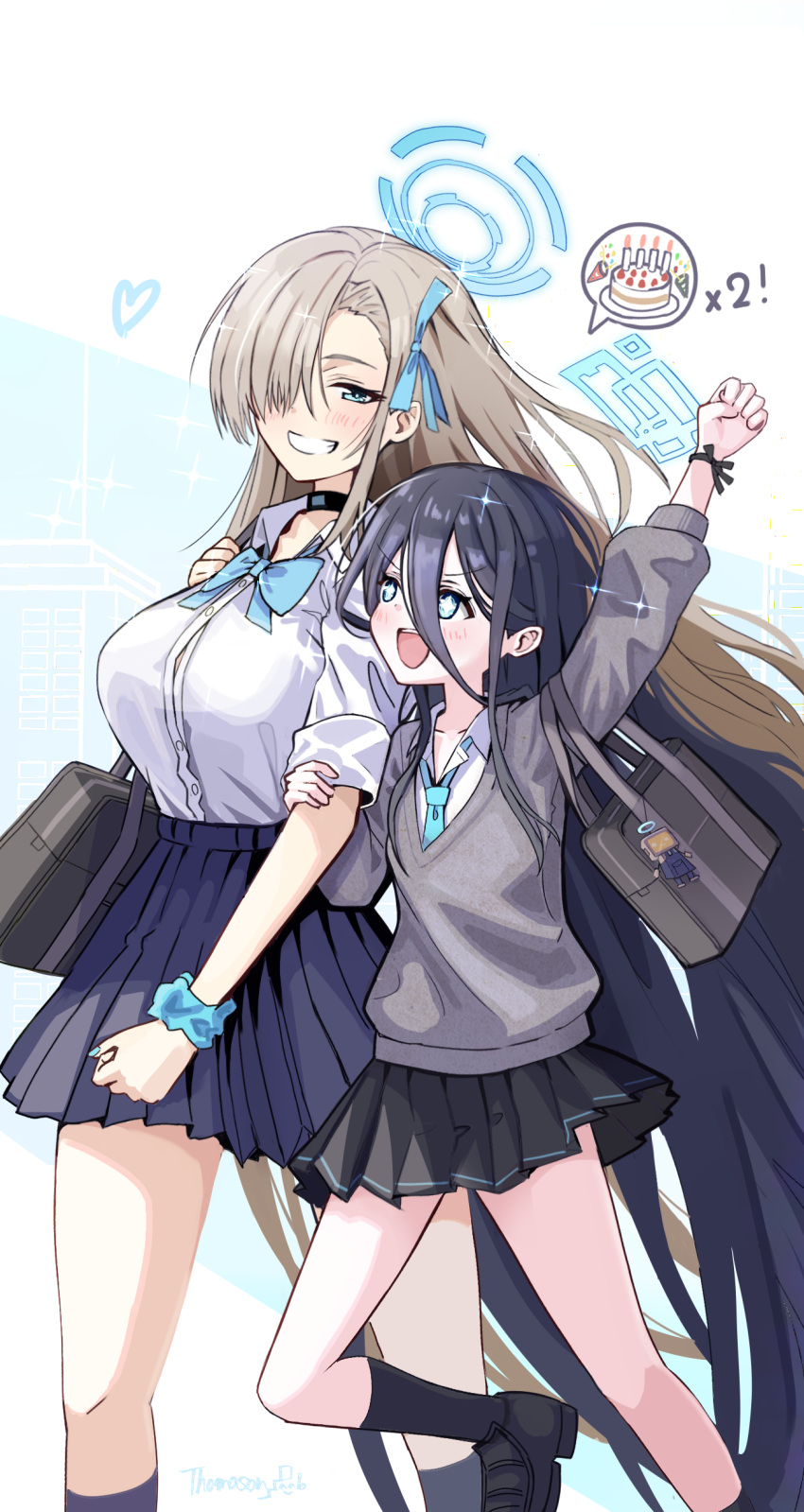 &lt;key&gt;_(robot)_(blue_archive) 2girls absurdly_long_hair absurdres aris_(blue_archive) asuna_(blue_archive) bag black_choker black_footwear black_hair black_skirt black_socks blue_archive blue_bow blue_bowtie blue_eyes blue_halo blue_necktie blue_scrunchie blush bow bowtie breasts cardigan choker collared_shirt grey_cardigan grin hair_over_one_eye halo highres large_breasts light_brown_hair long_hair long_sleeves multiple_girls necktie open_mouth pleated_skirt school_bag scrunchie shirt shoes signature skirt small_breasts smile socks thomason366 very_long_hair white_shirt wrist_scrunchie