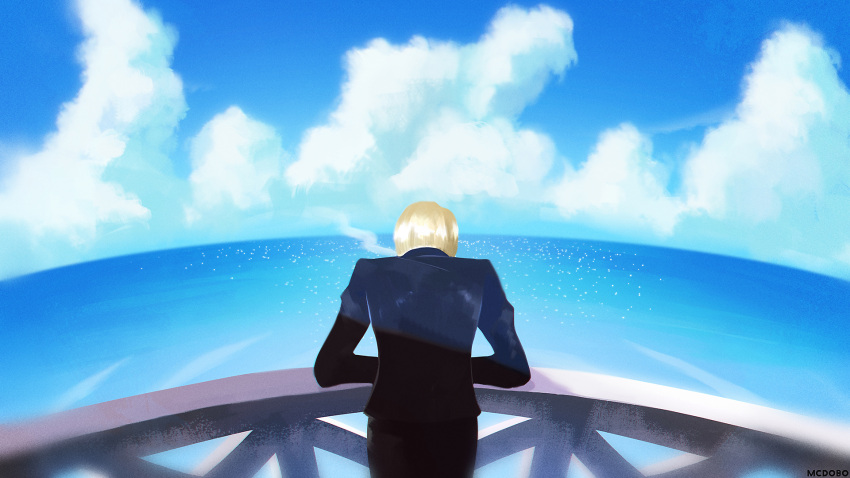1boy back blonde_hair clouds cloudy_sky commentary english_commentary formal highres long_sleeves male_focus mcdobo ocean one_piece outdoors sanji_(one_piece) short_hair sky smoke solo standing suit water