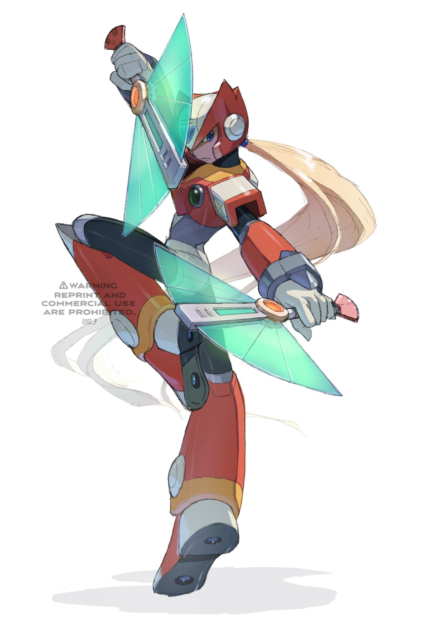 1boy absurdres android armor blonde_hair blue_eyes forehead_jewel from_behind full_body hand_fan highres holding holding_fan long_hair looking_at_viewer looking_back mega_man_(series) mega_man_x8 mega_man_x_(series) ponytail red_armor red_helmet shoulder_armor simple_background solo standing standing_on_one_leg tanaka_(is2_p) transparent_fan war_fan white_background zero_(mega_man)
