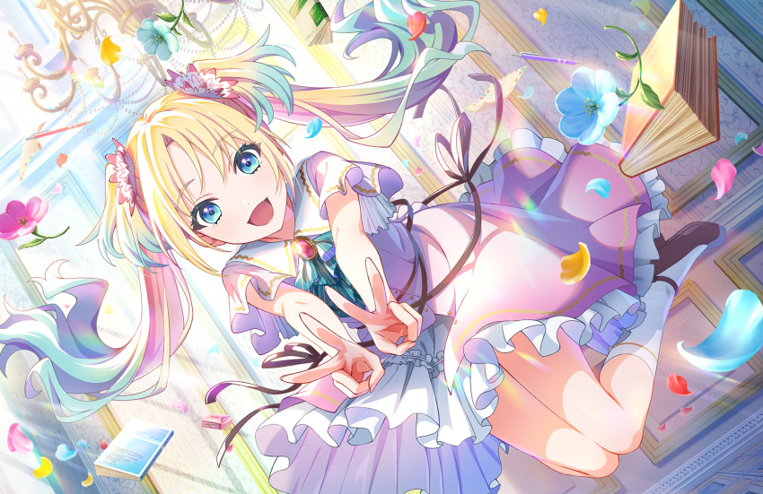 1girl :d ankle_socks aqua_ascot ascot black_footwear blonde_hair blue_eyes blue_hair book breasts chandelier double_v dream_believers_(love_live!) dress eraser fang feet_up floating floating_hair flower frilled_dress frills full_body game_cg gradient_hair hair_flower hair_ornament highres link!_like!_love_live! long_hair looking_at_viewer love_live! mary_janes multicolored_hair official_art open_mouth osawa_rurino parted_bangs petals pink_dress shoes short_sleeves sidelocks small_breasts smile socks solo third-party_source twintails two-tone_hair v white_flower white_socks