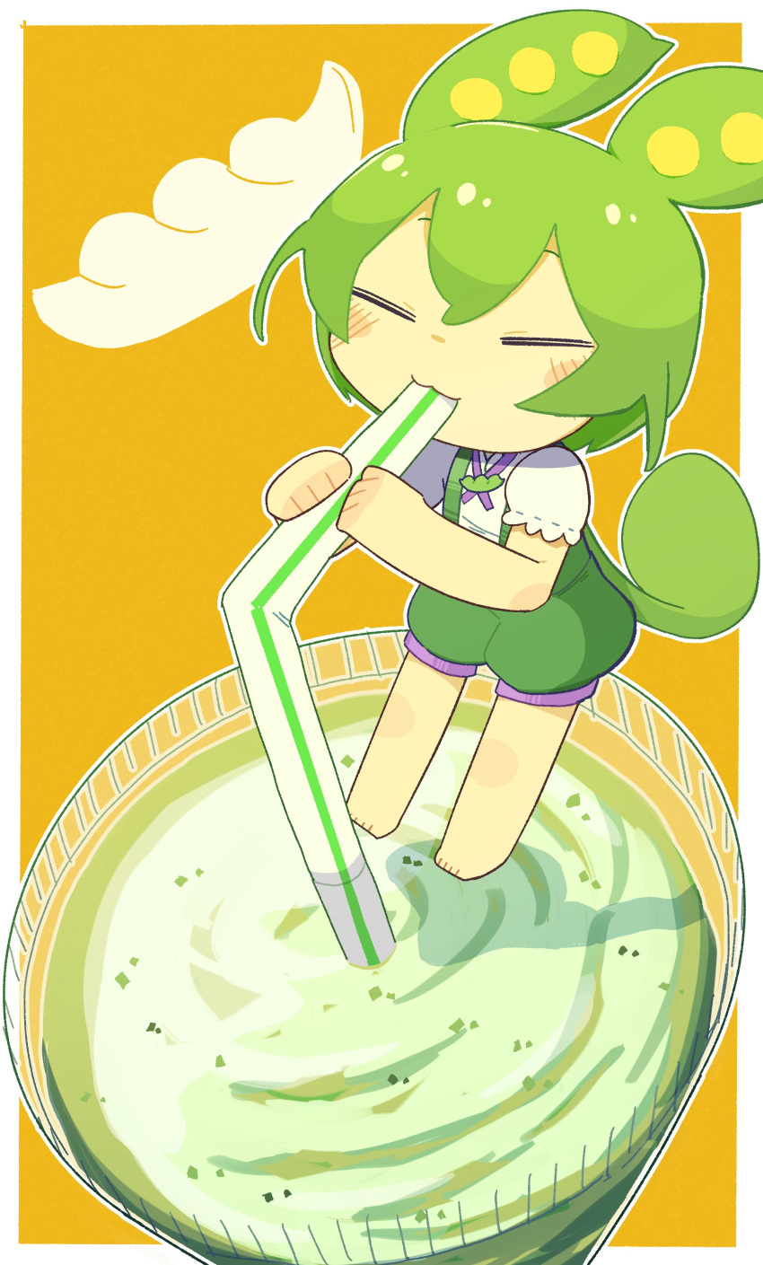 1girl absurdres barefoot border chibi chibi_only closed_eyes commentary cup disposable_cup drinking drinking_straw drinking_straw_in_mouth green_hair green_shorts highres holding holding_drinking_straw konohoshi long_hair milkshake mini_person minigirl orange_background outline outside_border puffy_shorts shirt short_sleeves shorts solo standing suspender_shorts suspenders voicevox white_border white_outline white_shirt zundamon