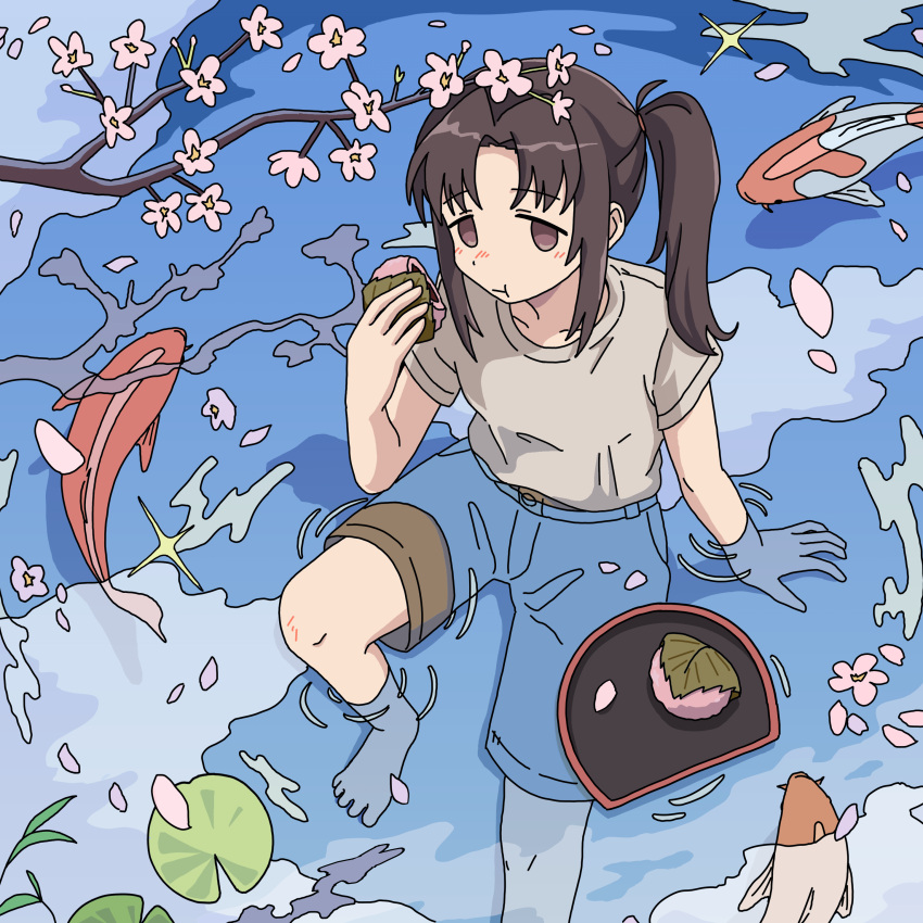 1girl absurdres arm_support barefoot blush brown_eyes brown_shorts cherry_blossoms closed_mouth clouds eating ennui_orz expressionless falling_petals floating floating_object food foot_out_of_frame from_above grey_shirt grey_t-shirt hand_up highres holding holding_food knee_up koi lily_pad long_hair looking_up no_sclera original partially_submerged petals reflection reflective_water ripples sakura_mochi shirt shirt_tucked_in short_sleeves shorts side_ponytail solo t-shirt tareme tray wagashi