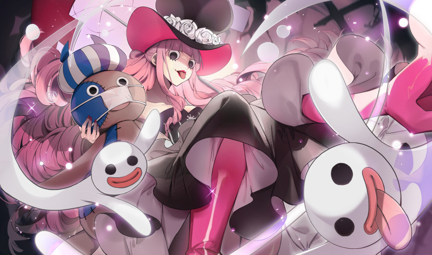 1girl :p absurdres black_dress black_eyes black_hat boots dress drill_hair flower ghost hat hat_flower high_heel_boots high_heels highres kumacy long_hair looking_at_viewer no-kan one_piece perona pink_footwear pink_hair red_nails rose solo strapless strapless_dress tongue tongue_out top_hat very_long_hair white_flower white_rose