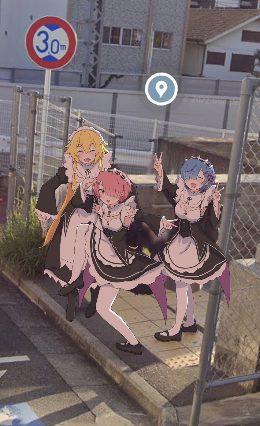 3girls :d absurdres black_footwear blonde_hair chain-link_fence double_v fence frederica_baumann google_street_view high_school_girls_posing_for_google_street_view_(meme) highres long_hair long_sleeves looking_at_viewer maid maid_headdress meme multiple_girls open_mouth outdoors pantyhose photo_background ram_(re:zero) re:zero_kara_hajimeru_isekai_seikatsu rem_(re:zero) roswaal_mansion_maid_uniform sidewalk smile sunegg1112 tamago_(uhdr2338) v white_pantyhose