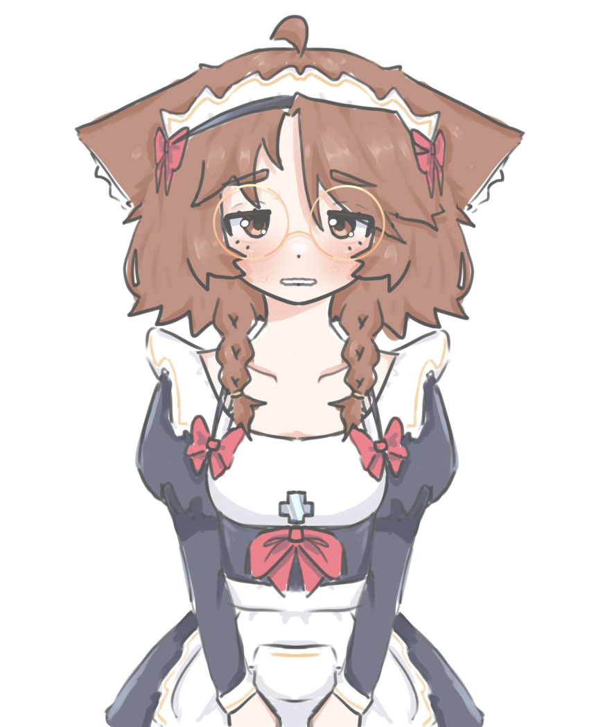 1girl absurdres ahoge alternate_costume animal_ears apron black_dress blush bow braid brown_eyes brown_hair cat_ears cat_girl collarbone cross dot_nose dress ears_down enmaided framed_breasts highres indie_virtual_youtuber jitome juliet_sleeves long_sleeves maid maid_day maid_headdress miaelou miaelou_(artist) own_hands_together parted_lips puffy_sleeves red_bow round_eyewear short_hair swept_bangs twin_braids upper_body virtual_youtuber waist_apron white_background yellow-framed_eyewear