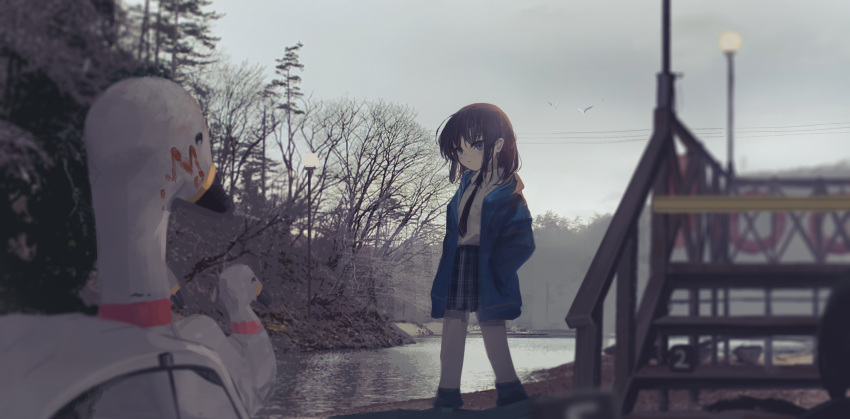1girl :| absurdres black_necktie black_skirt black_socks blue_eyes blue_jacket blush brown_hair closed_mouth collared_shirt commentary day eliot_(eokaitekaite969) expressionless feet_out_of_frame hands_in_pockets high-waist_skirt highres hood hood_down hooded_jacket jacket kneehighs lamppost lifebuoy long_bangs long_hair long_sleeves looking_at_viewer necktie open_clothes open_jacket original outdoors plaid plaid_skirt pleated_skirt power_lines river school_uniform shirt shirt_tucked_in sidelocks simple_bird skirt socks solo stairs swan_boat swim_ring tree water white_shirt