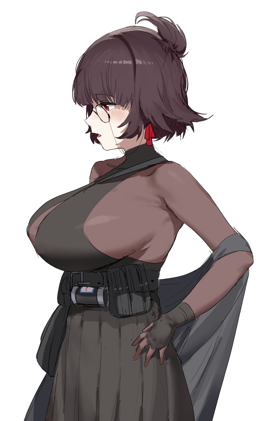 1girl absurdres belt black_dress bodystocking breasts dress earrings from_side girls'_frontline_neural_cloud gloves highres jewelry large_breasts monocle nora_(neural_cloud) open_mouth red_eyes ribu_(rv) short_hair sideboob solo turtleneck utility_belt