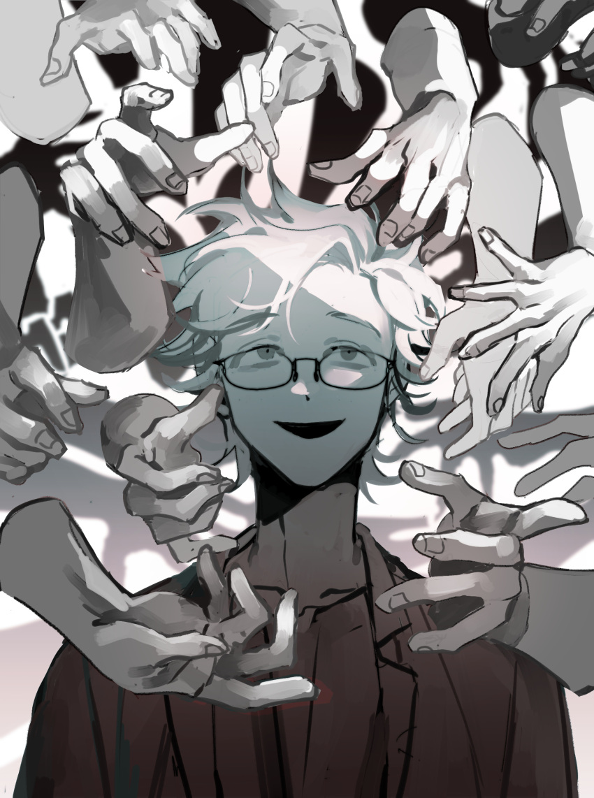 1boy absurdres collarbone commentary disembodied_hand glasses highres jacket kanou_aogu looking_up male_focus open_clothes open_jacket open_mouth partially_colored portrait saibou_shinkyoku sanglom shirt short_hair smile solo_focus symbol-only_commentary