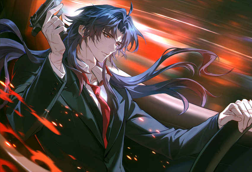 1boy absurdres ahoge black_hair black_jacket blade_(honkai:_star_rail) car car_interior chinese_commentary collared_shirt commentary_request curtained_hair driving embers from_side gun hand_up handgun highres holding holding_gun holding_weapon honkai:_star_rail honkai_(series) jacket long_hair looking_ahead male_focus motor_vehicle necktie official_alternate_costume parted_bangs red_eyes red_necktie scar scar_on_hand scar_on_neck shirt solo steering_wheel the_other_side upper_body weapon white_shirt yellow_pupils