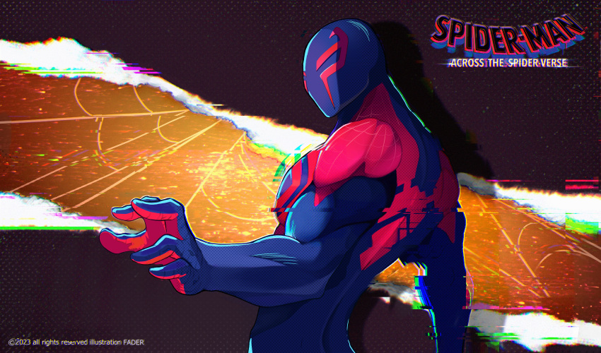 1boy 2023 absurdres artist_name back blue_bodysuit bodysuit copyright_notice english_text fader_ec glitch highres male_focus marvel miguel_o'hara muscular muscular_male outstretched_arm print_bodysuit reaching red_bodysuit shoulder_blades silk skin_tight solo spider-man:_across_the_spider-verse spider-man_(2099) spider-man_(series) spider-verse spider_web two-tone_bodysuit