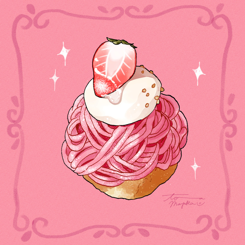 cupcake food food_focus fruit highres icing no_humans original pastry pink_background still_life strawberry tomma_mayuka whipped_cream