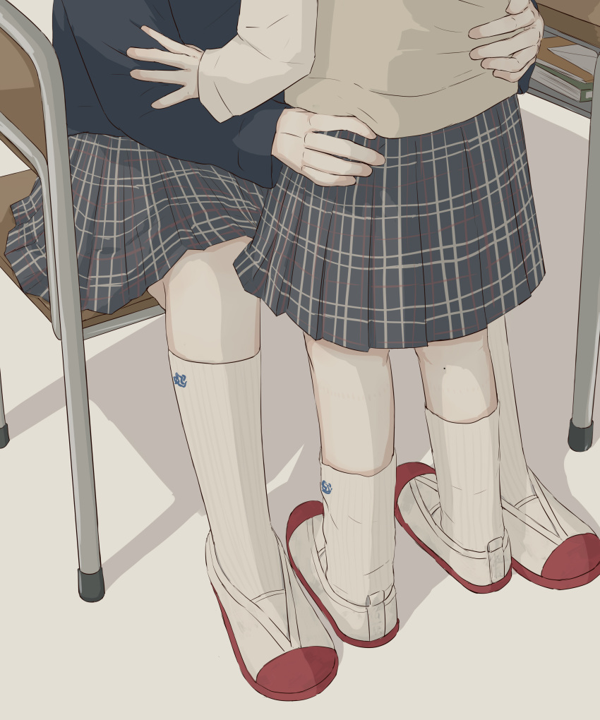 2girls absurdres ankle_socks avogado6 black_shirt book chair classroom desk hand_on_another's_arm hand_on_another's_back head_out_of_frame highres hug implied_kiss kneehighs long_sleeves lower_body multiple_girls original plaid plaid_skirt pleated_skirt school school_chair school_desk school_uniform shirt sitting skirt socks yuri