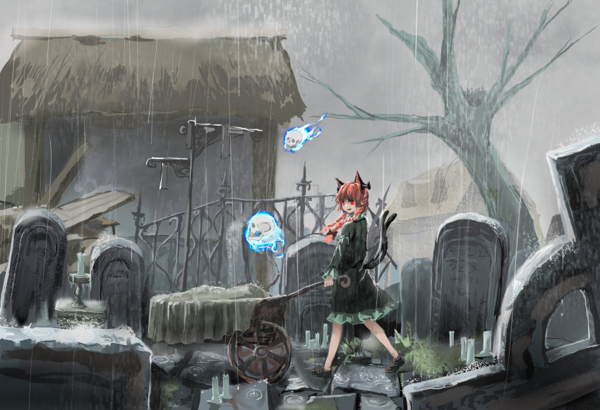 1girl animal_ears bare_tree bow braid candle cat_ears cat_tail commentary dress flaming_skull floating_skull grave graveyard green_dress hair_bow highres kaenbyou_rin long_hair long_sleeves multiple_tails nekomata open_mouth rain red_eyes redhead skull smile solo tail tombstone touhou tree twin_braids two_tails wheelbarrow zhuxie1264852
