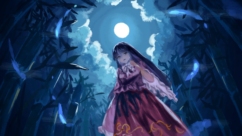 1girl artist_name bamboo black_eyes black_hair clouds frilled_shirt_collar frilled_sleeves frills from_below full_moon highres hime_cut houraisan_kaguya long_hair long_skirt looking_at_viewer moon night night_sky oftooon parted_lips pink_shirt red_skirt shirt signature skirt sky solo standing touhou
