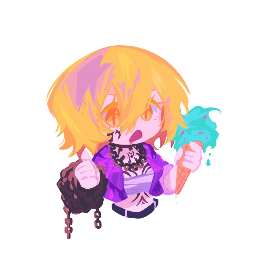 1girl blonde_hair chain_necklace chest_sarashi chest_tattoo don_quixote_(project_moon) drooling electricleaf facial_tattoo food highres holding holding_food holding_ice_cream ice_cream jacket jewelry limbus_company looking_to_the_side neck_tattoo necklace open_mouth project_moon purple_jacket sarashi short_hair solo stomach_tattoo tattoo upper_body yellow_eyes
