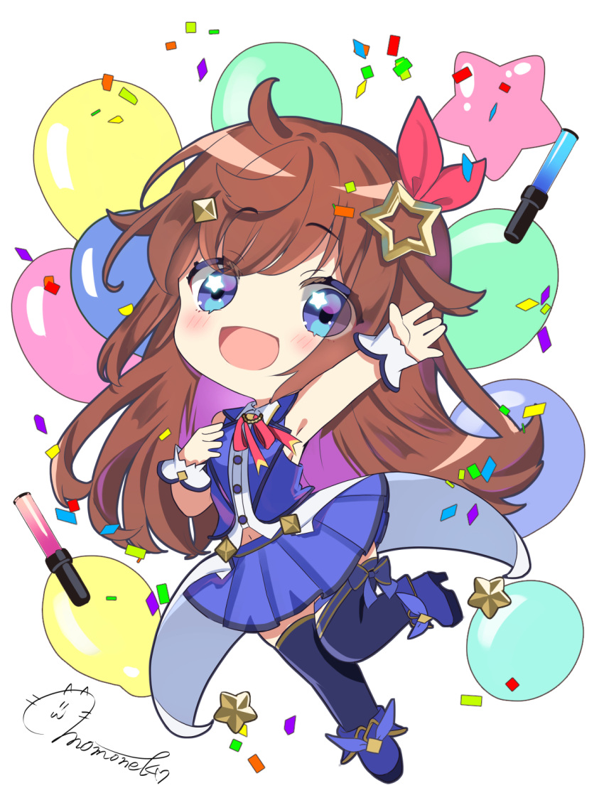 1girl :d ankle_boots blue_eyes blue_footwear blue_skirt blue_thighhighs blue_vest blush boots bow bowtie brown_hair chibi chibi_only collared_shirt commentary_request confetti cropped_shirt diamond_hair_ornament fold-over_boots full_body glowstick hair_flaps hair_ornament hair_ribbon hairclip hand_on_own_chest hand_up high_heel_boots high_heels highres hololive leg_ribbon long_hair looking_at_viewer miniskirt momone_cco open_mouth penlight_(glowstick) pleated_skirt red_bow red_bowtie red_ribbon ribbon shirt signature skirt sleeveless sleeveless_shirt smile solo star_(symbol) star_balloon star_hair_ornament thigh-highs thigh_ribbon tokino_sora tokino_sora_(1st_costume) vest virtual_youtuber waist_cape white_shirt wrist_cuffs