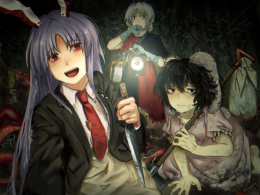 3girls bamboo bamboo_forest black_jacket blue_gloves dress eientei forest gloves highres holding holding_knife inaba_tewi jacket knife looking_at_viewer multiple_girls nature necktie pink_dress pov purple_hair red_necktie reisen_udongein_inaba rubber_gloves shirt smile touhou two-tone_dress white_shirt yagokoro_eirin yukine_0930