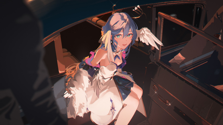 1girl :d absurdres bare_shoulders breasts commentary_request detached_sleeves dress english_text flower gloves halo head_wings highres honkai:_star_rail honkai_(series) jewelry limousine looking_at_viewer necklace open_mouth pantyhose robin_(honkai:_star_rail) sitting small_breasts smile solo star_(symbol) star_print tacshojosora white_dress white_gloves white_pantyhose wings