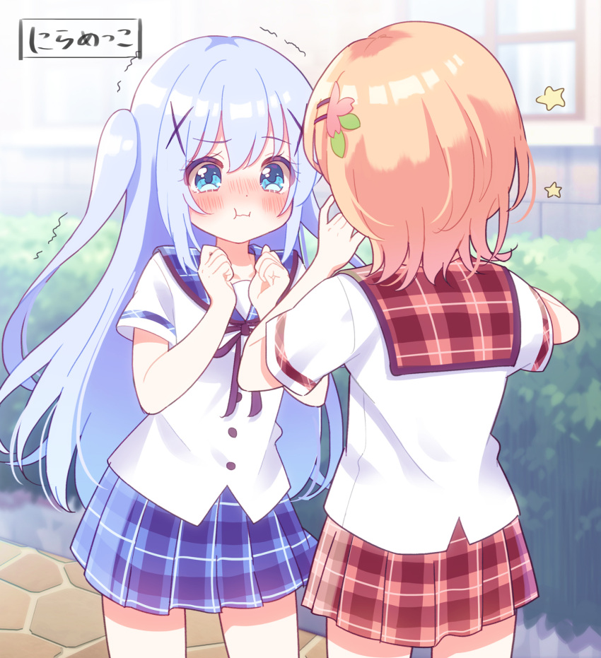 2girls :t blue_eyes blue_hair blue_skirt blush clenched_hands commentary_request cowboy_shot day dot_nose facing_another flower gochuumon_wa_usagi_desu_ka? hair_between_eyes hair_flower hair_ornament hairclip hands_up highres hoto_cocoa hoto_cocoa's_school_uniform kafuu_chino light_blue_hair long_hair looking_at_another mozukun43 multiple_girls nose_blush orange_hair outdoors plaid_clothes plaid_sailor_collar plaid_skirt pleated_skirt puffy_short_sleeves puffy_sleeves sailor_collar school_uniform short_sleeves skirt star_(symbol) stifled_laugh trembling two_side_up very_long_hair wavy_mouth x_hair_ornament