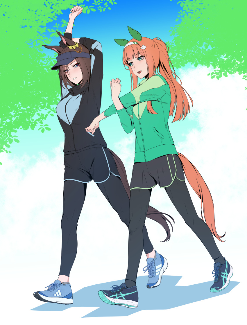 2girls absurdres adidas air_groove_(umamusume) alternate_costume alternate_hairstyle animal_ears aqua_eyes arm_up black_pants black_shorts black_sweater blue_footwear bow brown_hair ear_bow ear_chain ear_covers green_sweater hairband highres horse_ears horse_tail looking_at_another multiple_girls pants ponytail shoes short_hair shorts silence_suzuka_(umamusume) smile sneakers stretching sugamo_(rainysnowy108) sweater tail tail_through_clothes umamusume visor_cap white_hairband yellow_bow