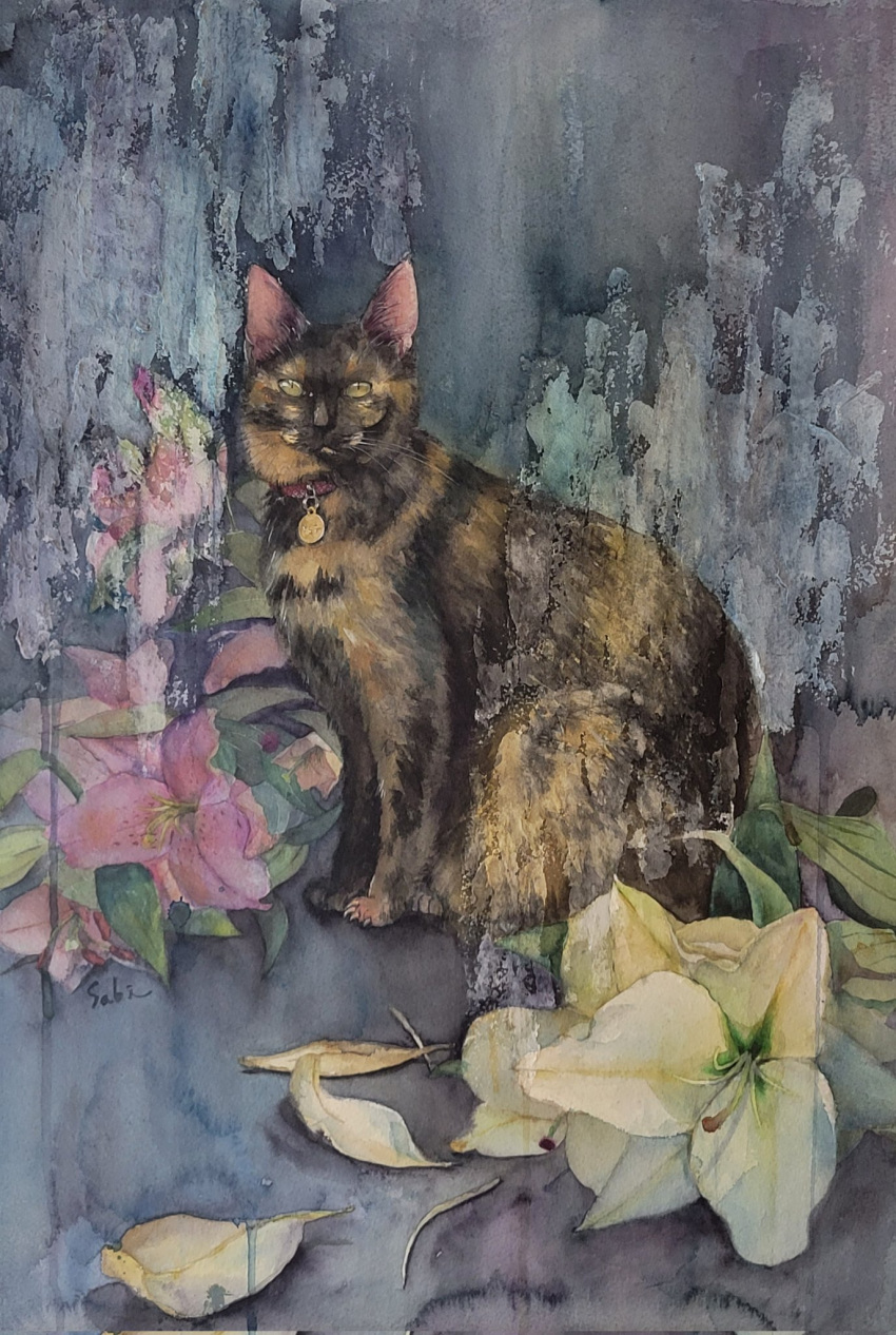 animal animal_focus cat flower highres looking_at_viewer no_humans original painting_(medium) petals sabi_bobtail traditional_media watercolor_(medium)