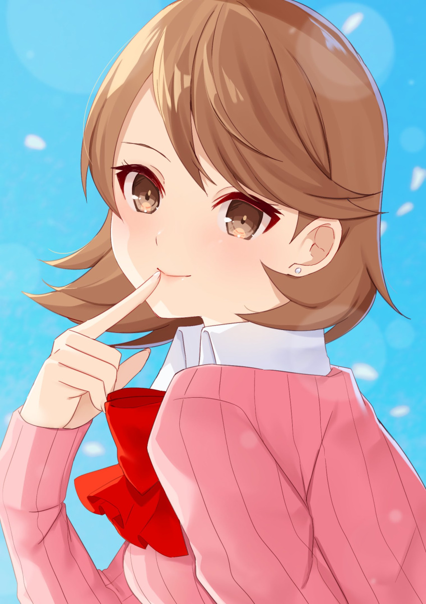 1girl bow bowtie brown_eyes brown_hair cardigan closed_mouth collared_shirt commentary earrings edamameoka finger_to_mouth from_side hand_up highres index_finger_raised jewelry light_blush long_sleeves looking_at_viewer looking_to_the_side persona persona_3 persona_3_reload pink_cardigan red_bow red_bowtie ribbed_cardigan shirt short_hair smile solo stud_earrings swept_bangs takeba_yukari upper_body white_shirt