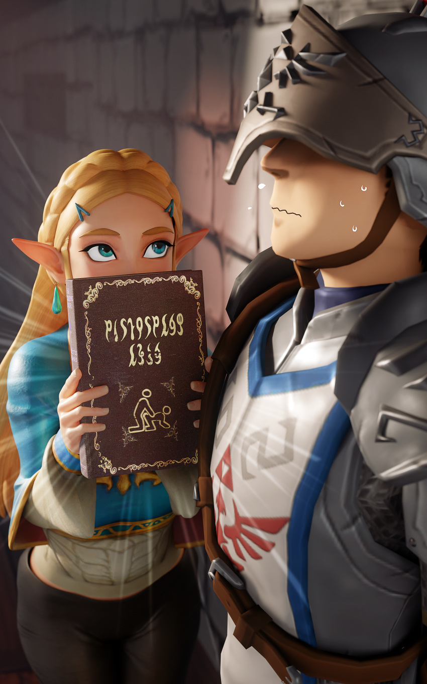 1boy 1girl 3d absurdres armor black_pants blonde_hair book castle commentary corset covered_eyes drop_earrings earrings english_commentary fugtrup green_eyes hair_ornament hairclip height_difference helmet highres holding holding_book jewelry long_hair looking_at_another nervous_sweating pants plate_armor pointy_ears princess_zelda soldier sweat tabard the_legend_of_zelda the_legend_of_zelda:_breath_of_the_wild translation_request white_corset