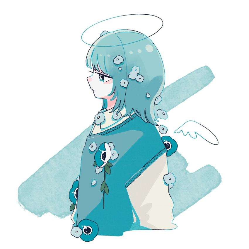 1girl :| anemone_(flower) arms_at_sides blue_background blue_eyes blue_flower blue_hair blue_sweater closed_mouth collared_shirt cropped_torso expressionless flower from_side halo highres jitome layered_clothes long_sleeves looking_ahead medium_hair mini_wings original profile school_uniform shirt short_sleeves sidelocks simple_background solo sskitaco sweater two-tone_background v-neck white_background white_shirt white_wings wings