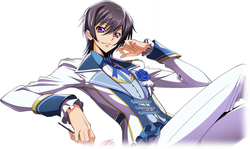 1boy artist_request black_hair blue_flower blue_ribbon blue_rose blue_vest buttons closed_mouth code_geass code_geass:_lost_stories collared_shirt crossed_legs flower formal game_cg hair_between_eyes hand_up happy highres holding holding_flower jacket leaning_back lelouch_vi_britannia long_sleeves looking_at_viewer male_focus neck_ribbon non-web_source official_art pants pink_flower pink_rose pinstripe_pattern pinstripe_vest ribbon rose shirt short_hair sidelocks simple_background sitting smile solo transparent_background vest violet_eyes white_jacket white_pants white_shirt