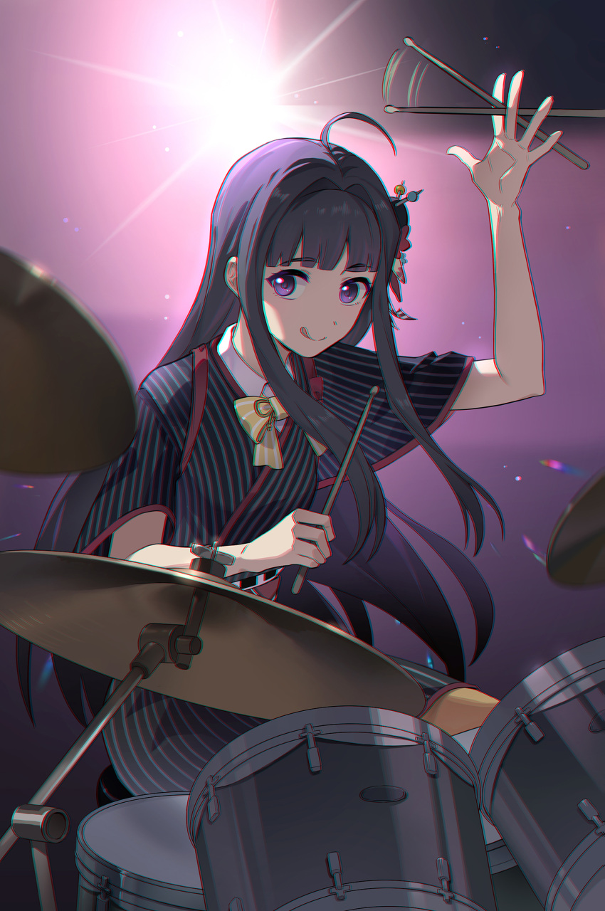 1girl afterimage ahoge awa_subaru black_hair black_kimono bow bowtie chromatic_aberration closed_mouth commentary drumsticks girls_band_cry highres holding holding_drumsticks japanese_clothes kimono kuuhaku_to_catharsis licking_lips long_hair looking_at_viewer mumu_(leelee_mumu) obi playing_drum sash short_sleeves sidelocks solo symbol-only_commentary tongue tongue_out violet_eyes yellow_bow yellow_bowtie