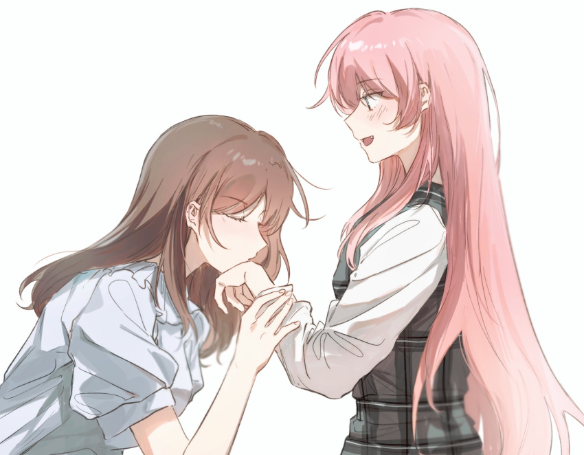 2girls artist_request bang_dream! bang_dream!_it's_mygo!!!!! blush brown_hair chihaya_anon closed_eyes commentary commission dress fang grey_dress highres kiss kissing_hand leaning_forward long_hair long_sleeves multiple_girls nagasaki_soyo open_mouth pinafore_dress pink_hair second-party_source shirt short_sleeves simple_background sleeveless sleeveless_dress smile white_background white_shirt yuri