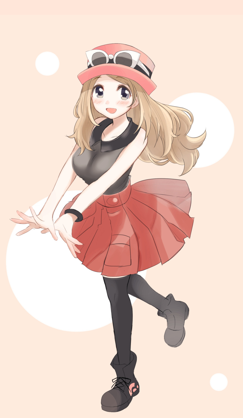 1girl :d absurdres black_footwear black_thighhighs blonde_hair blush bracelet breasts collared_shirt commentary_request eyewear_on_headwear full_body grey_eyes happy hat highres jewelry long_hair looking_at_viewer nasakixoc open_mouth pleated_skirt pokemon pokemon_xy red_skirt serena_(pokemon) shirt shoes skirt smile sunglasses thigh-highs white-framed_eyewear