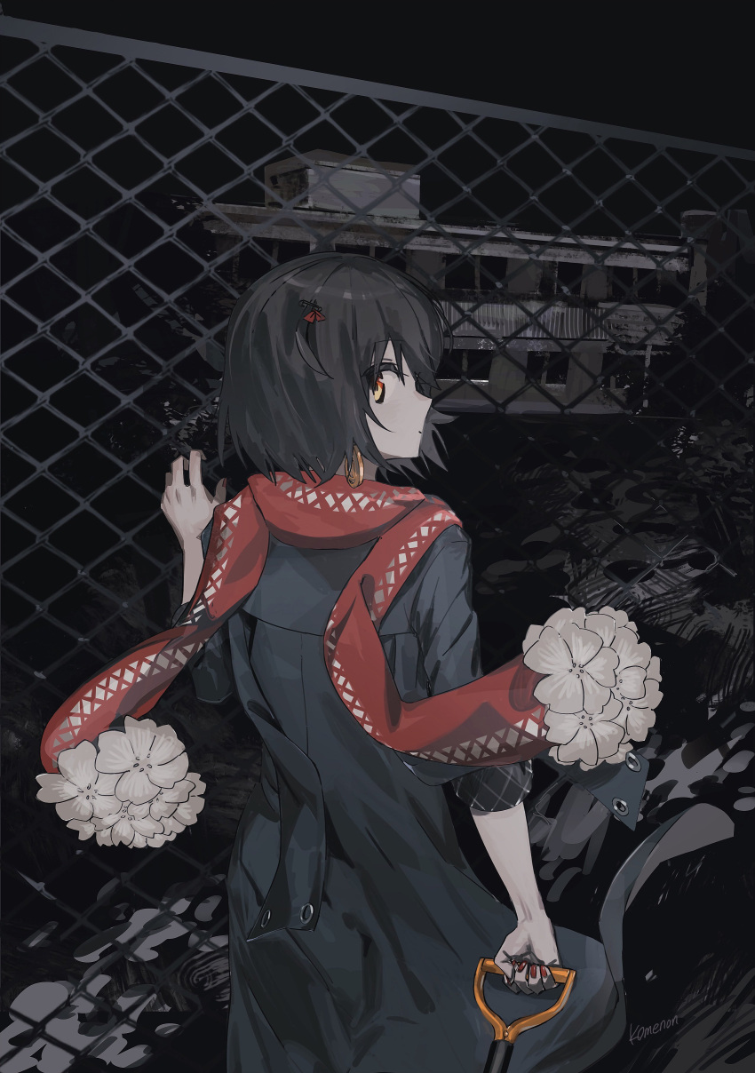 1boy absurdres against_fence arm_at_side black_background black_coat black_hair building coat cowboy_shot drop_earrings earrings fence floating_scarf from_behind hand_up highres holding holding_shovel jewelry kome_non looking_at_viewer looking_back male_focus mashiro_meme mashiro_meme_(1st_costume) monochrome_background night nijisanji outdoors pale_skin profile red_nails red_scarf scarf short_hair shovel solo standing virtual_youtuber yellow_eyes