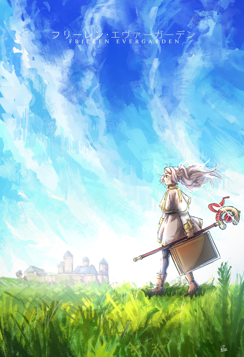 1girl artist_name black_pantyhose blue_sky boots brown_footwear capelet castle clouds commentary english_commentary floating_hair frieren from_side full_body gold_trim grass highres holding holding_staff holding_suitcase long_sleeves mage_staff ononotsu outdoors pantyhose parody pointy_ears profile skirt sky sleeve_cuffs solo sousou_no_frieren staff suitcase violet_evergarden_(series) white_capelet white_hair white_skirt