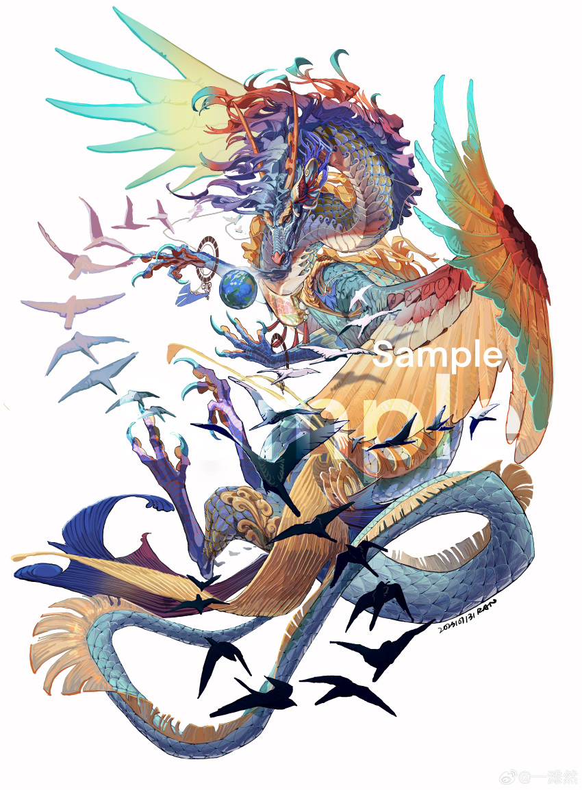 absurdres animal_focus bird bird_wings claws dated dragon earth_(planet) eastern_dragon feathered_wings flock full_body highres horns looking_down mane monster no_humans orange_eyes orange_horns original planet ran_(yitanran) sample_watermark scales signature simple_background solo tail tassel watermark white_background wings