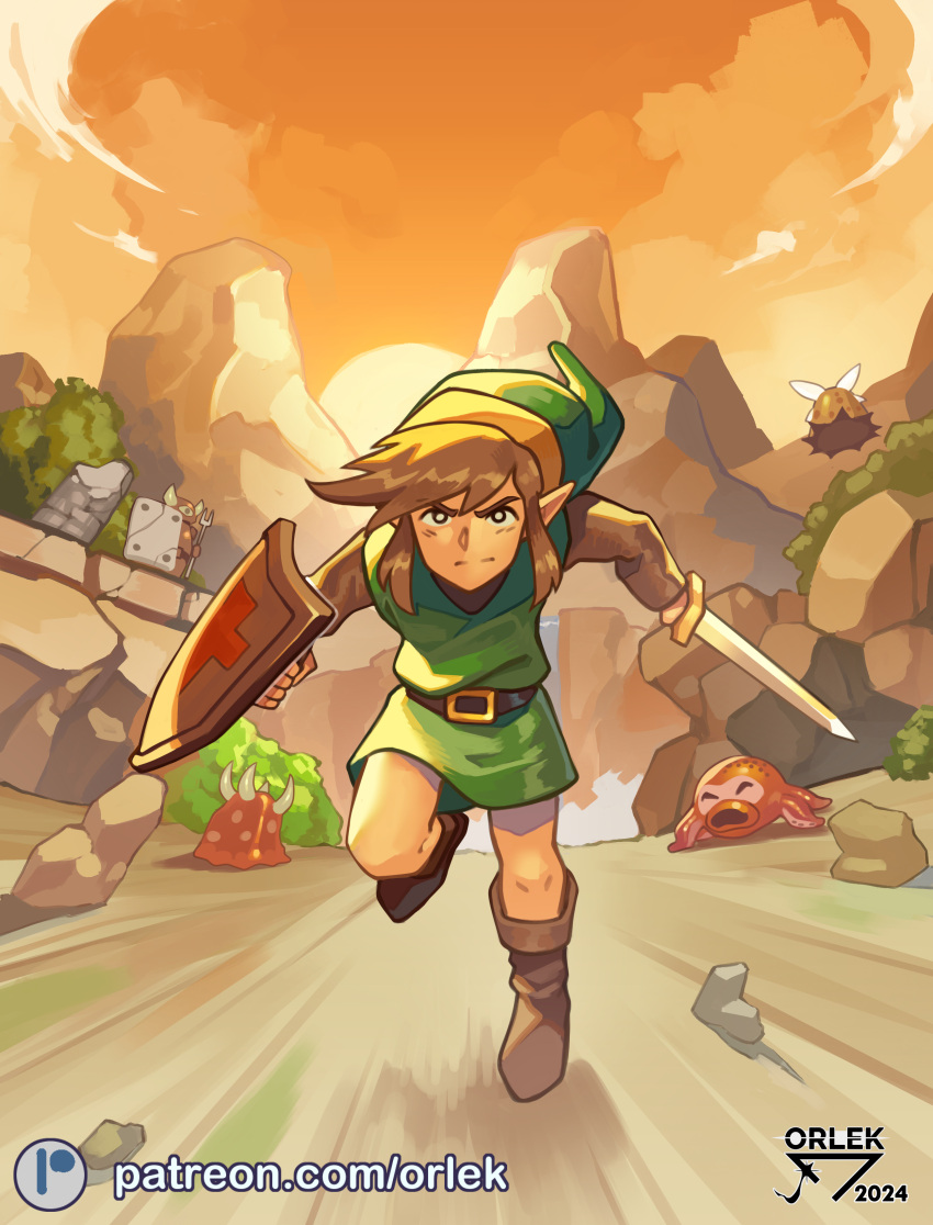 1boy absurdres armos artist_name belt boots brown_footwear cliff clouds commentary creature determined english_commentary foliage full_body green_hat green_tunic hat highres holding holding_shield holding_sword holding_weapon horns leever light_brown_hair link looking_at_viewer male_focus medium_hair mountain octorok one-eyed orlek outdoors patreon_username peahat pointy_ears pointy_hat redrawn rock running running_towards_viewer shield sidelocks sky solo_focus spikes sun sword tentacles the_legend_of_zelda water waterfall weapon