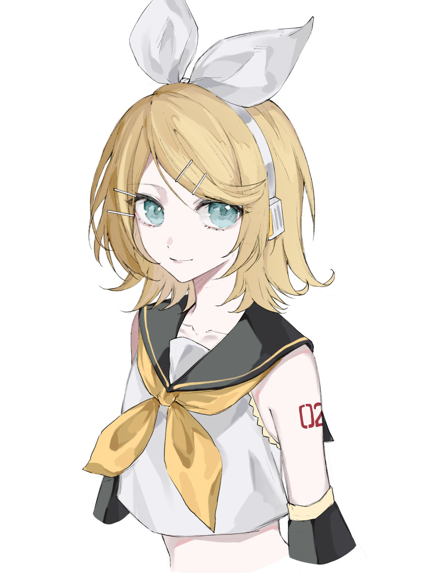 1girl absurdres aqua_eyes arm_tattoo arms_at_sides bare_shoulders black_sailor_collar black_sleeves blonde_hair bow closed_mouth cropped_arms detached_sleeves frilled_shirt frills hair_bow hair_ornament headphones highres kagamine_rin looking_at_viewer medium_hair neckerchief number_tattoo sailor_collar shirt sleeveless sleeveless_shirt smile solo sushisushi_iiii swept_bangs tattoo upper_body vocaloid white_background white_bow white_headphones white_shirt yellow_neckerchief yellow_trim