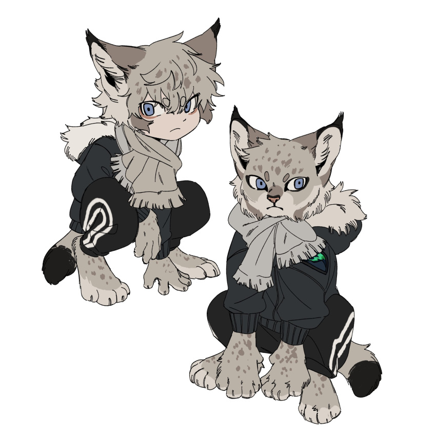 1boy animal_ears animal_feet animal_hands between_legs black_jacket black_pants blue_eyes brown_hair cat_boy cat_ears cat_tail child closed_mouth deviidog0 english_commentary full_body fur-trimmed_hood fur-trimmed_jacket fur_trim furrification furry furry_male hand_between_legs highres hood jacket long_sleeves looking_at_viewer lynx male_focus monster_boy multiple_views original pants scarf short_eyebrows short_hair simple_background sitting squatting tail white_background