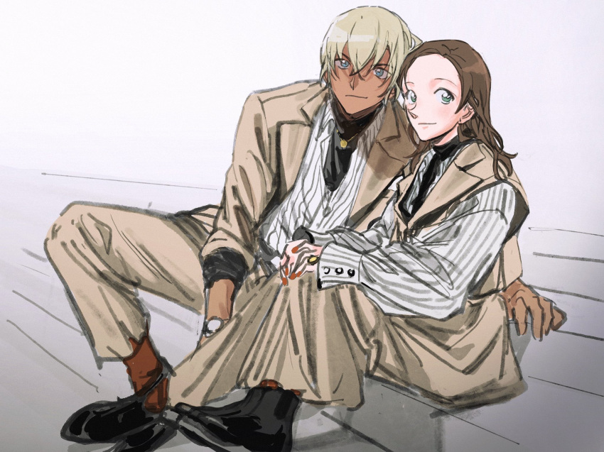 1boy 1girl amuro_tooru black_footwear blonde_hair blue_eyes brown_hair commentary_request couple dark-skinned_male dark_skin enomoto_azusa highres jewelry looking_at_viewer masso meitantei_conan necklace red_nails shirt sitting sitting_on_stairs sleeves_rolled_up smile stairs striped_clothes striped_shirt suit vertical-striped_clothes vertical-striped_shirt waistcoat watch watch