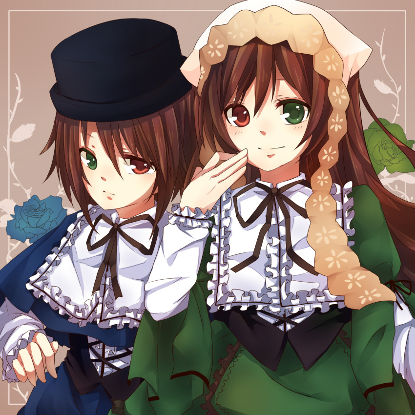 2girls black_corset black_ribbon blue_capelet blue_flower blue_rose blush brown_background brown_hair capelet closed_mouth collared_dress collared_shirt commentary_request corset dress flower frilled_shirt frilled_shirt_collar frills green_dress green_eyes green_flower green_rose hair_between_eyes hand_on_own_cheek hand_on_own_face hat head_scarf heterochromia highres lace lolita_fashion long_bangs long_hair long_sleeves looking_at_viewer medium_bangs mikan_(kuriyu405) multiple_girls neck_ribbon red_eyes ribbon rose rozen_maiden shirt short_hair siblings sisters smile souseiseki suiseiseki top_hat twins upper_body white_shirt