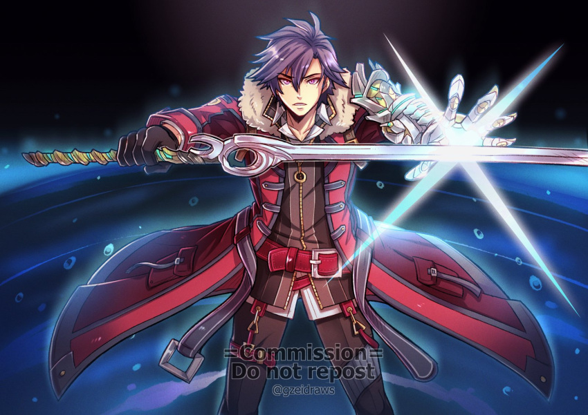 1boy artist_name belt black_gloves blue_hair coat commentary commission eiyuu_densetsu english_commentary fur-trimmed_coat fur_trim glint gloves gzei hair_between_eyes highres holding holding_sword holding_weapon lucky_seven_(xenoblade) male_focus mechanical_arms parted_lips prosthesis prosthetic_arm rean_schwarzer red_coat sen_no_kiseki sen_no_kiseki_ii sen_no_kiseki_iii short_hair single_mechanical_arm solo standing sword twitter_username violet_eyes watermark weapon xenoblade_chronicles_(series) xenoblade_chronicles_3