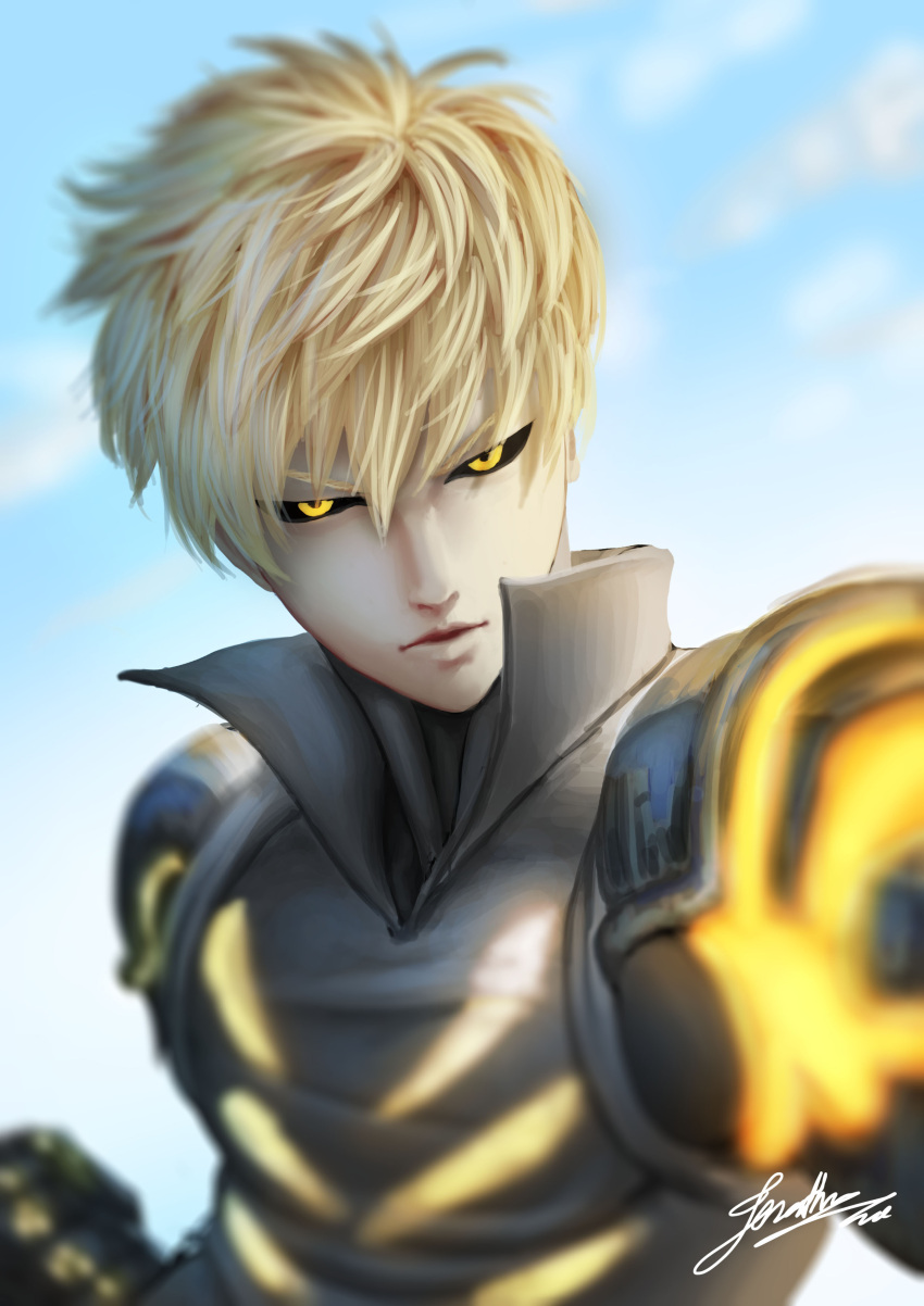 1boy absurdres black_sclera blonde_hair clouds cloudy_sky colored_sclera commentary cyborg english_commentary genos highres looking_at_viewer male_focus one-punch_man open_mouth outdoors photoshop_(medium) realistic short_hair signature sky solo tiyote yellow_eyes