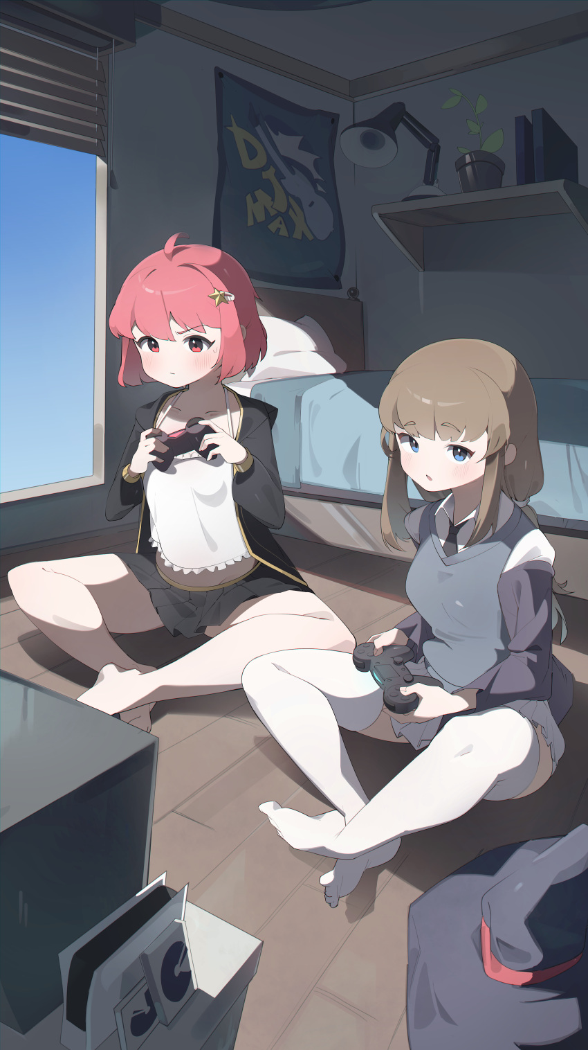 2girls absurdres ahoge bed blue_eyes blush brown_hair bullet_(bullet0701) character_request collarbone commission controller desk_lamp djmax djmax_respect game_console game_controller hair_ornament hairclip hat highres lamp multiple_girls necktie pleated_skirt red_eyes redhead rophe_(djmax) shirt skirt television thigh-highs white_shirt white_thighhighs