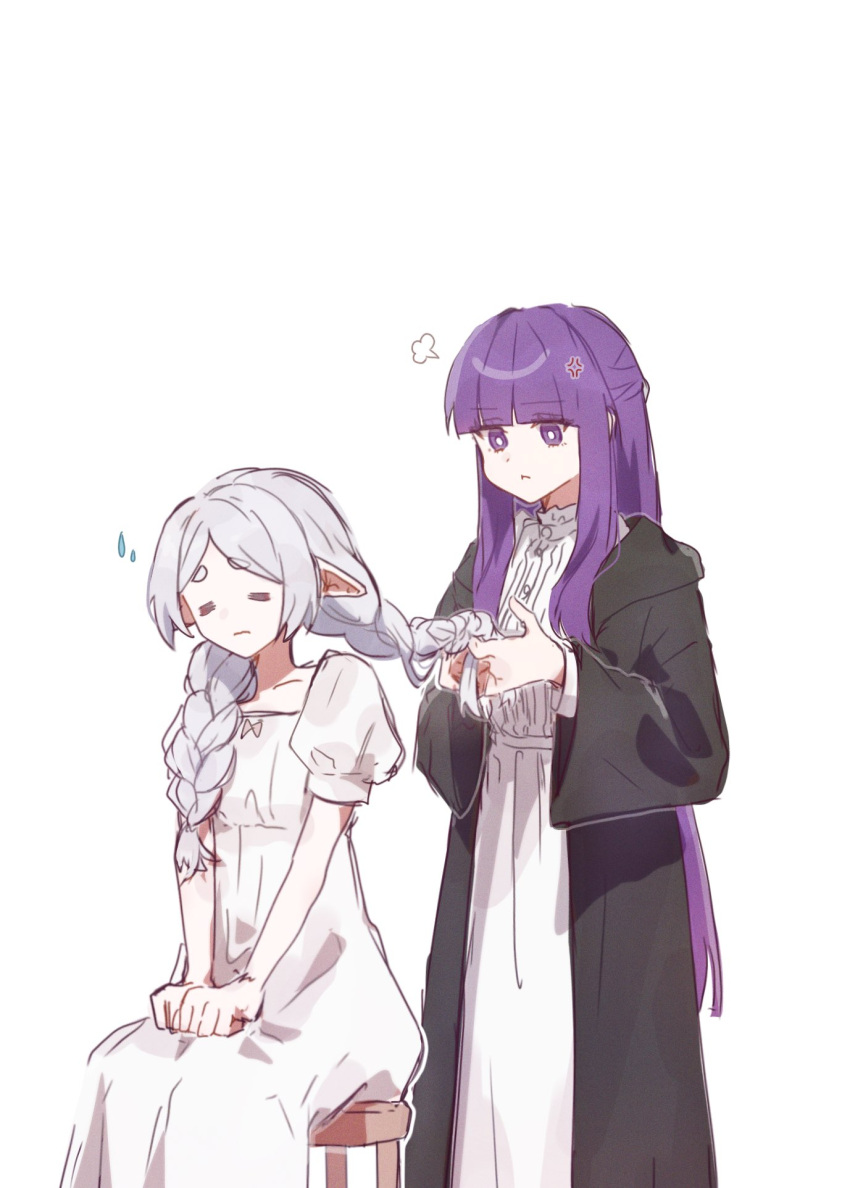 2girls =_= anger_vein black_robe braid braiding_hair bright_pupils closed_mouth dress elf fern_(sousou_no_frieren) frieren h_a_n_a_maru87 hairdressing highres long_hair multiple_girls pointy_ears pout puff_of_air purple_hair robe short_sleeves simple_background sitting sousou_no_frieren twin_braids tying_another's_hair violet_eyes white_background white_dress white_hair white_pupils