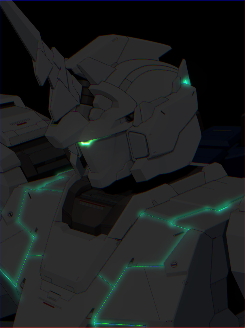 absurdres armor aron_e backpack bag black_background commentary dark facing_ahead glowing gundam gundam_unicorn highres horns mecha mobile_suit no_humans nt-d robot science_fiction simple_background single_horn unicorn_gundam upper_body white_armor white_horns