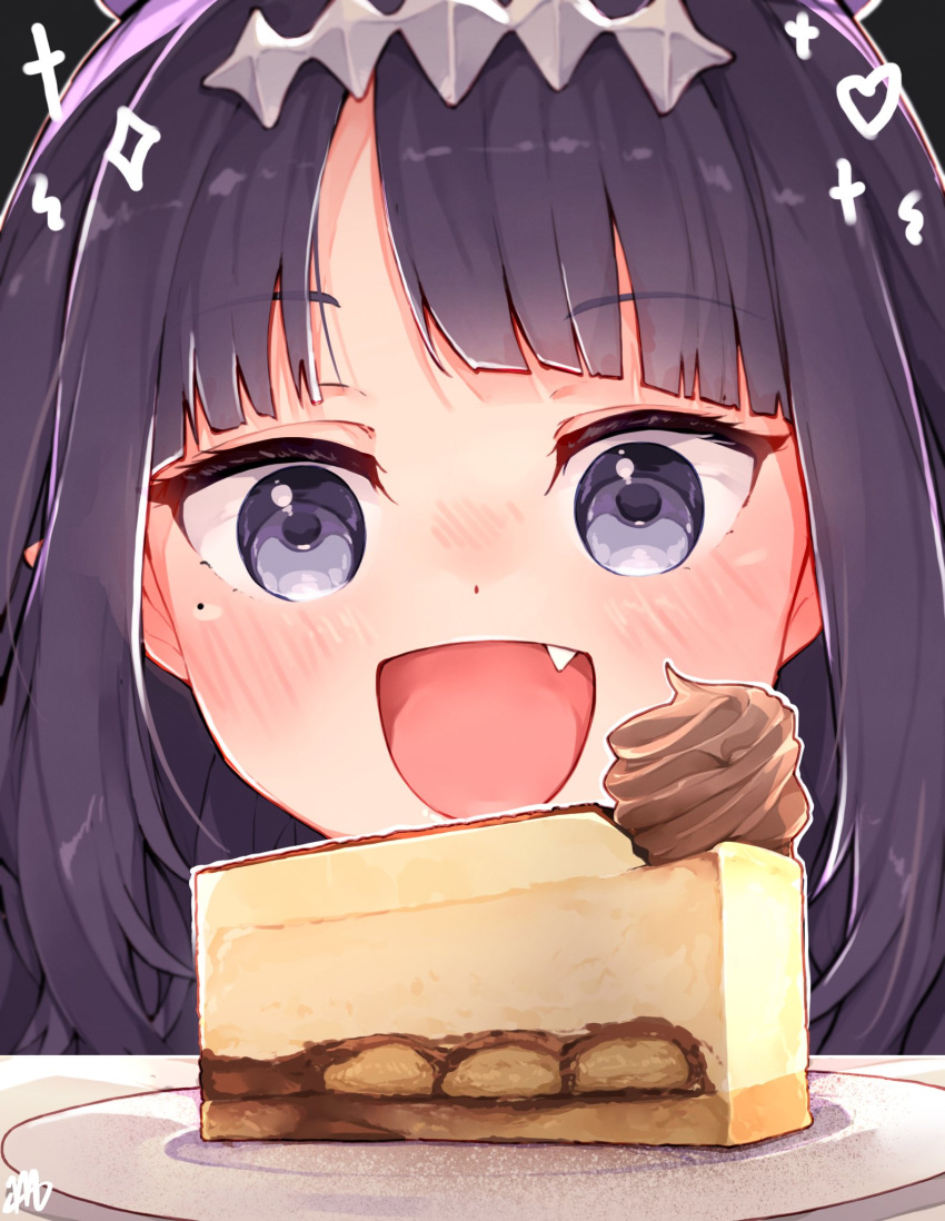 1girl cheesecake close-up fang food highres hololive hololive_english long_hair ma_draws mole mole_under_eye ninomae_ina'nis plate pointy_ears purple_hair signature smile violet_eyes virtual_youtuber